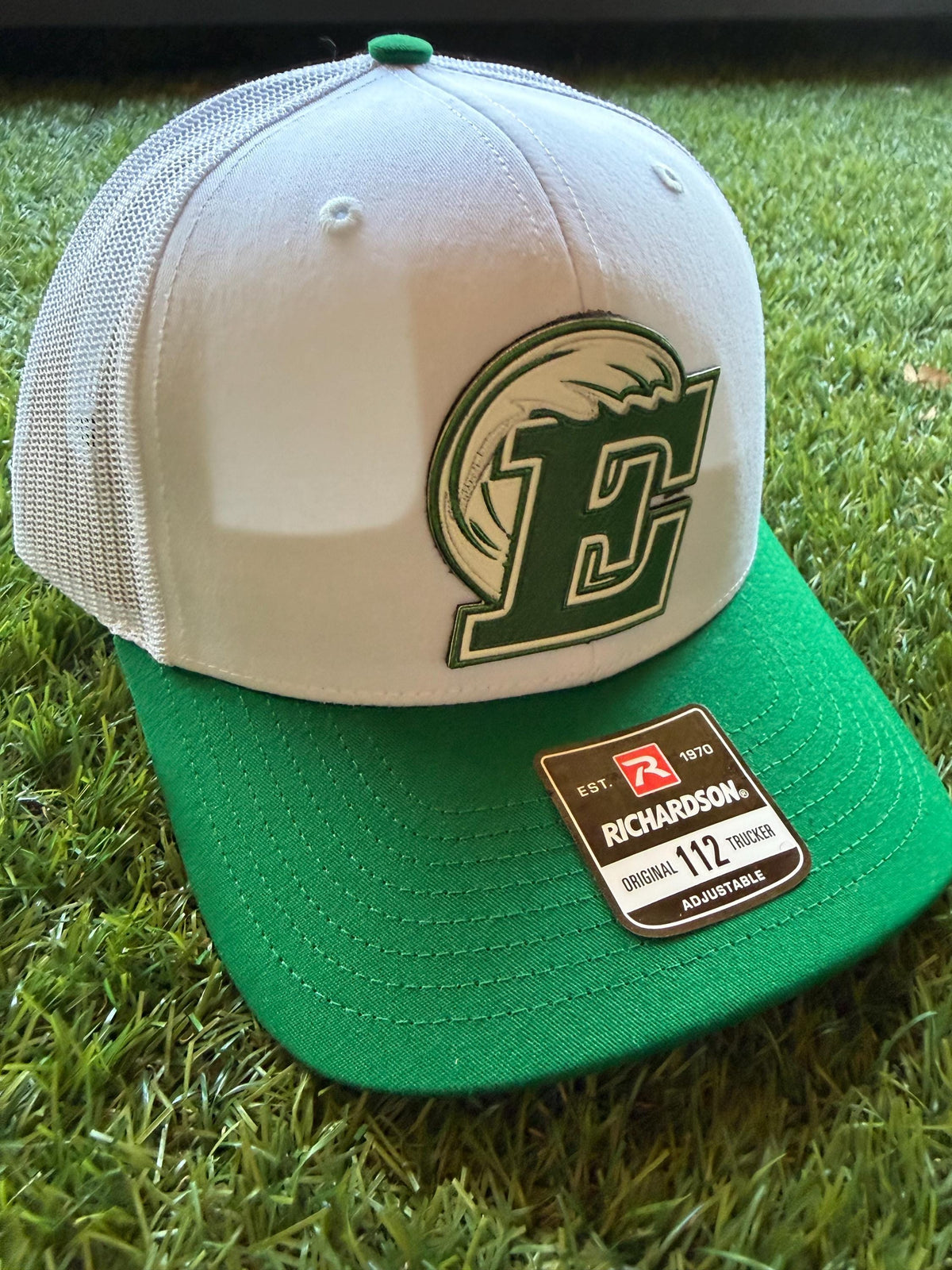 EASLEY GREENWAVE leather patch on custom Richardson 112 trucker hat beige/green