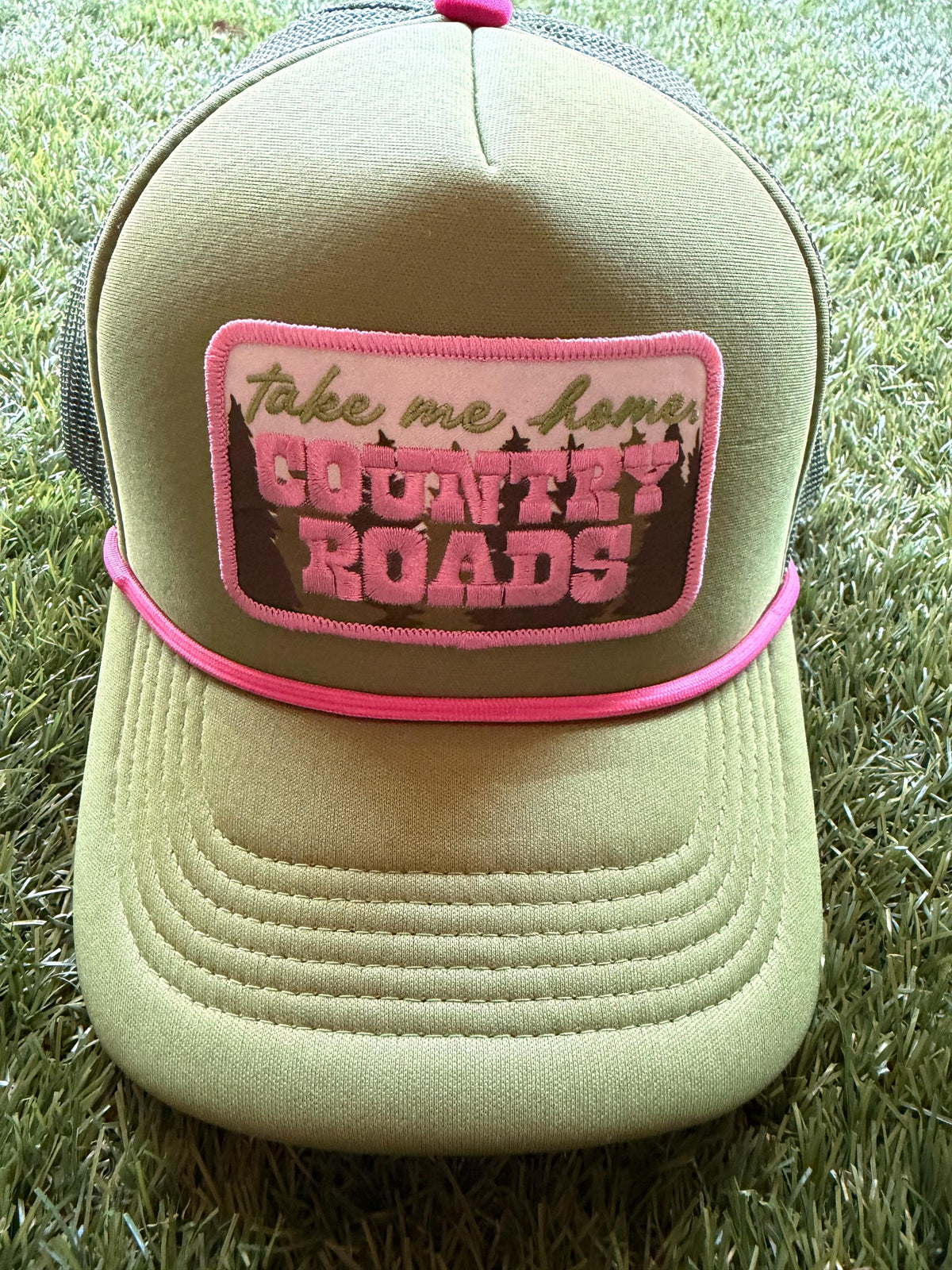 Take Me Home Country Roads on custom mesh tucker hat with adjustable snap back