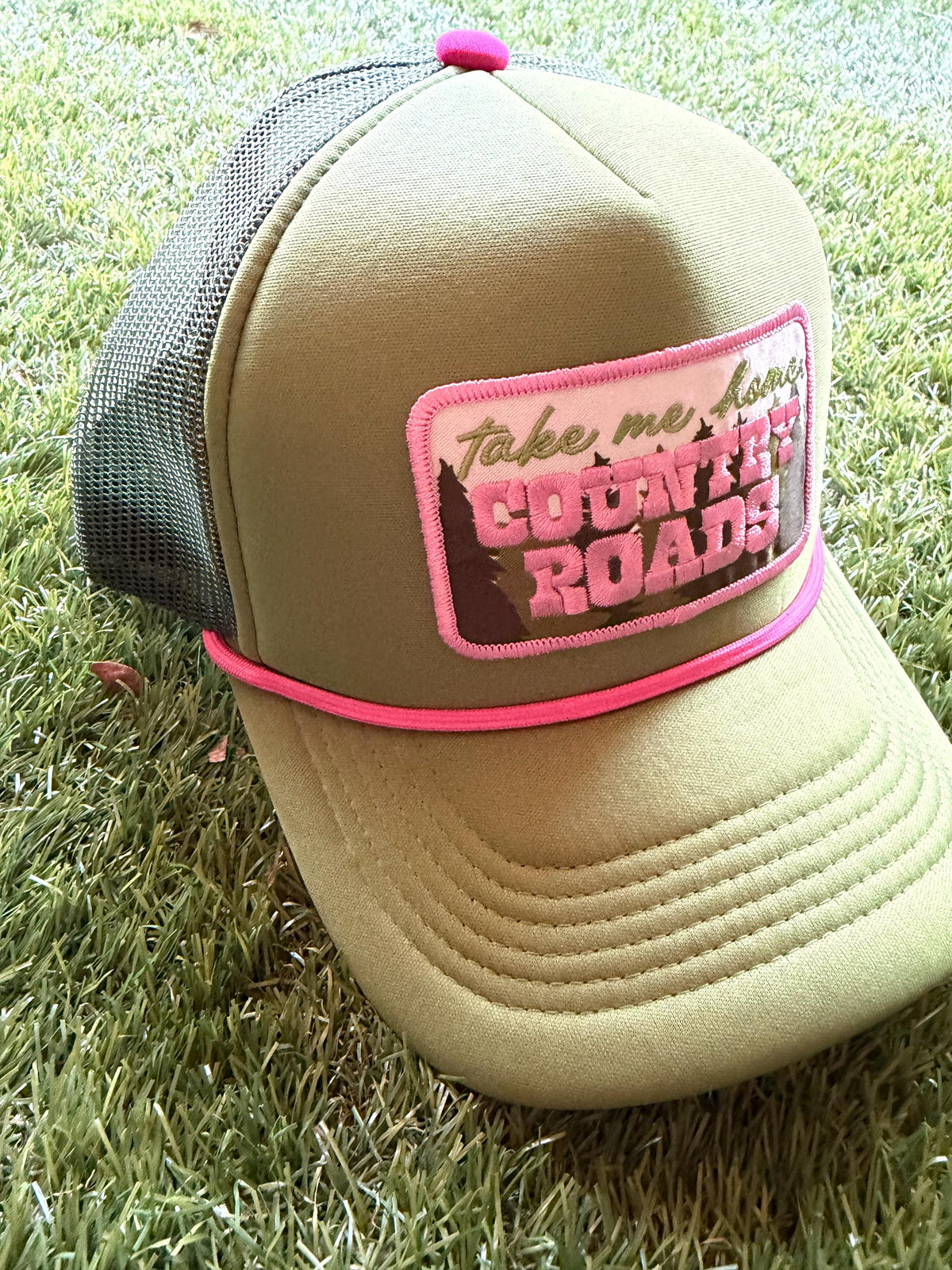 Take Me Home Country Roads on custom mesh tucker hat with adjustable snap back