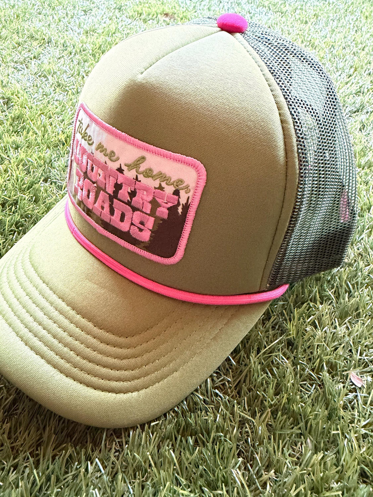 Take Me Home Country Roads on custom mesh tucker hat with adjustable snap back