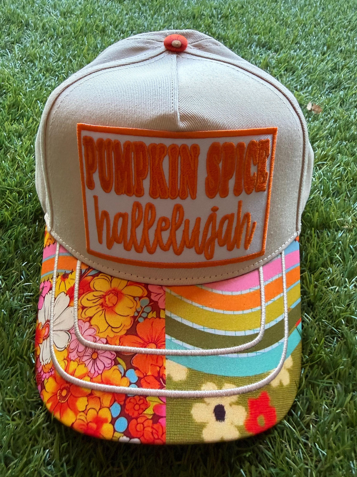 PUMPKIN SPICE HALLELUJAH on custom canvas trucker hat with boho theme brim