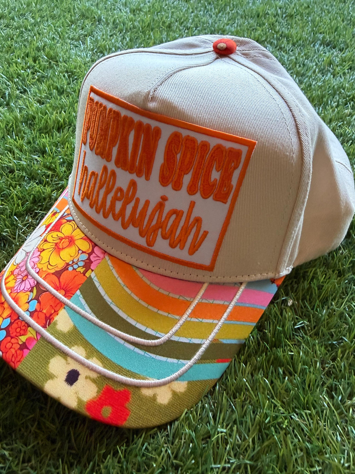 PUMPKIN SPICE HALLELUJAH on custom canvas trucker hat with boho theme brim