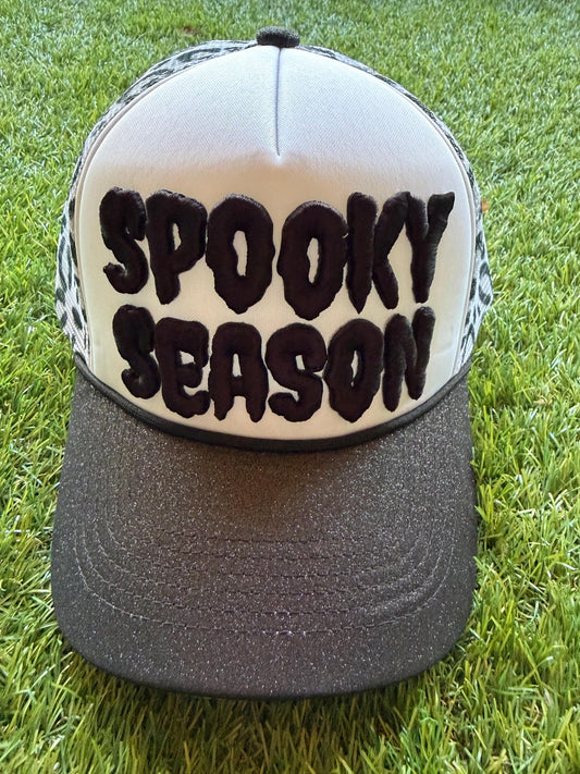 SPOOKY SEASON embroidered letter patch on custom trucker hat with glitter brim and leopard mesh