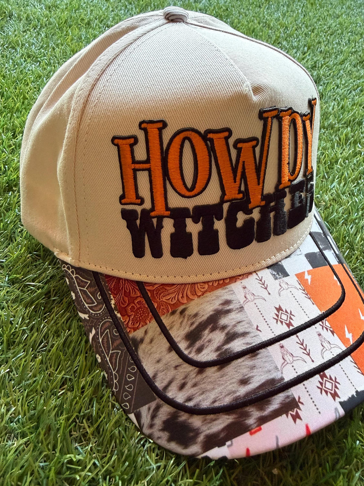 HOWDY WITCHES on custom canvas trucker hat with a western theme brim