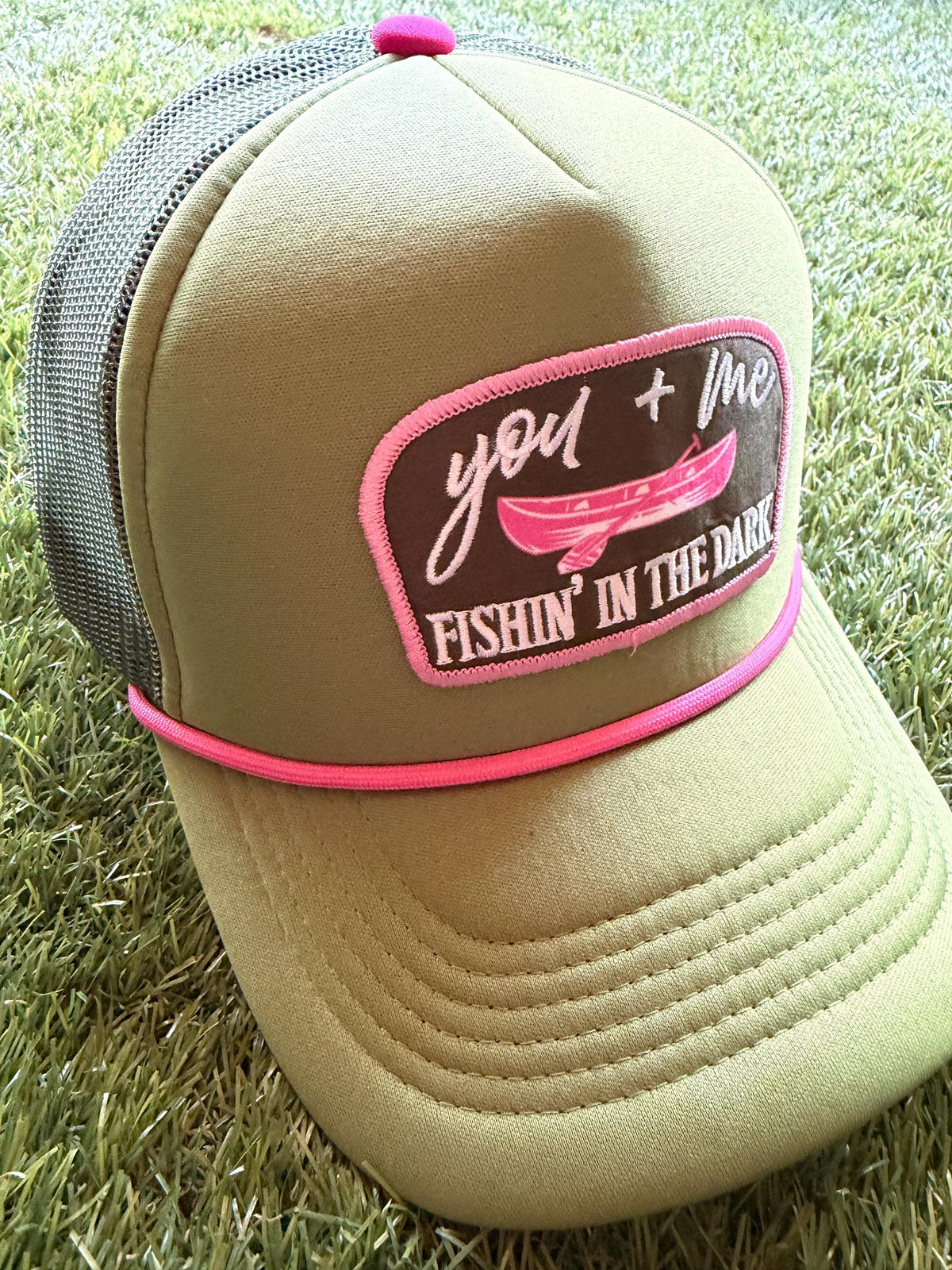You and Me Fishin' In The Dark embroidered patch on custom trucker hat