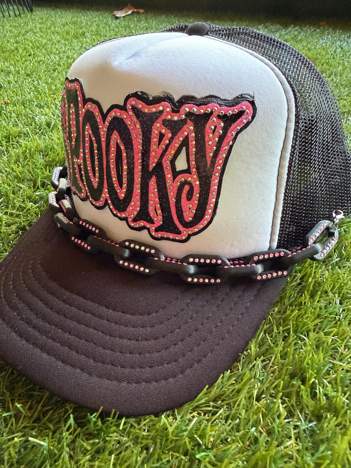 Spooky on a custom mesh trucker hat with a coordinating hat chain