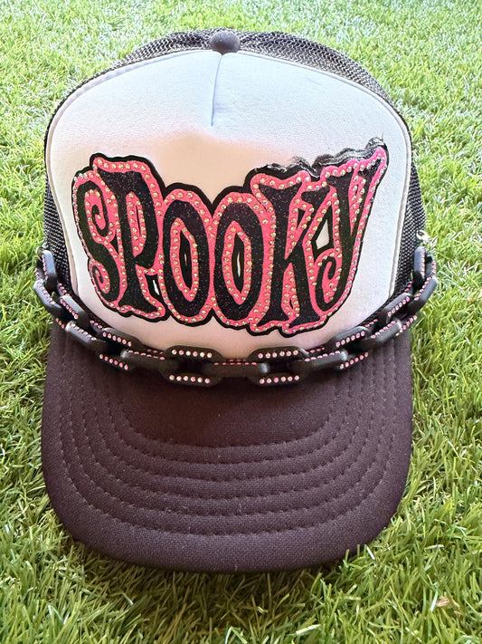 Spooky on a custom mesh trucker hat with a coordinating hat chain