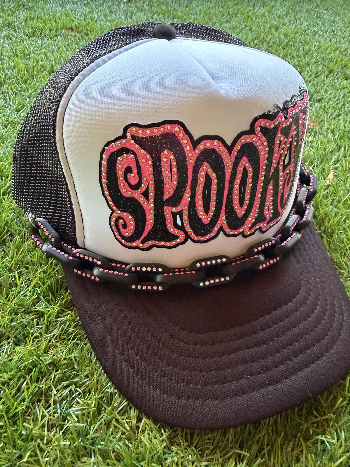 Spooky on a custom mesh trucker hat with a coordinating hat chain