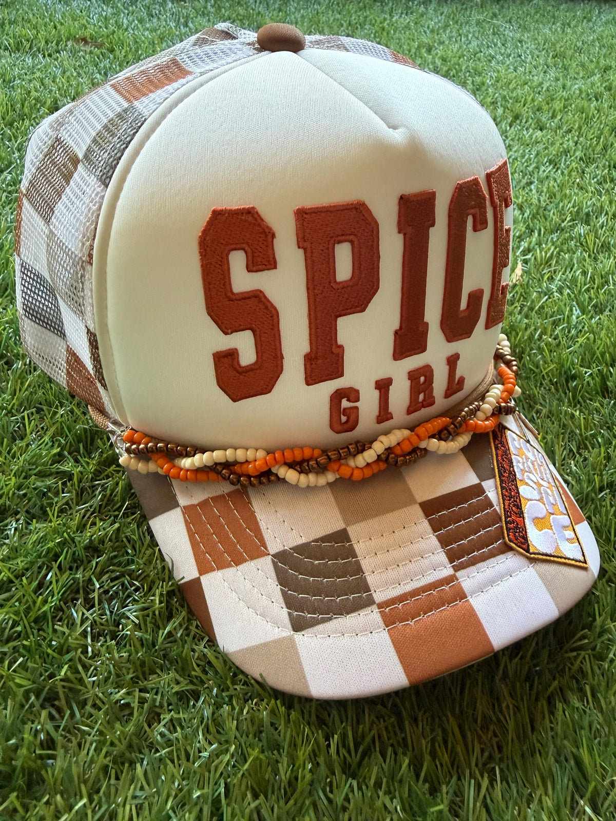 Spice Girl embroidered word patch on custom mesh trucker with matching hat chain