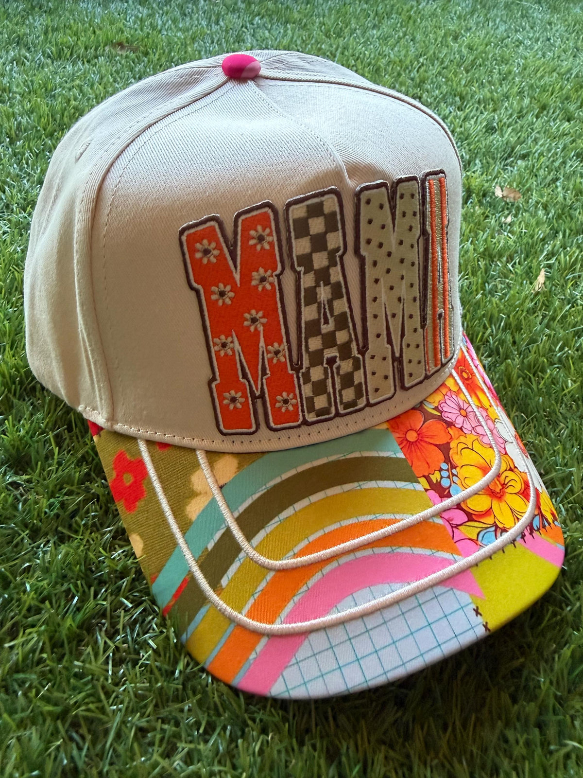 MAMA embroidered patch on custom trucker hat with boho brim