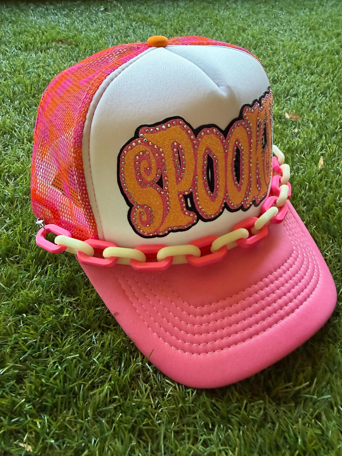 SPOOKY glow in the dark patch on custom mesh trucker hat with hat chain