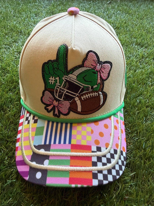 Girlie Football Themed embroidered patch on a custom canvas trucker hat with cute brim