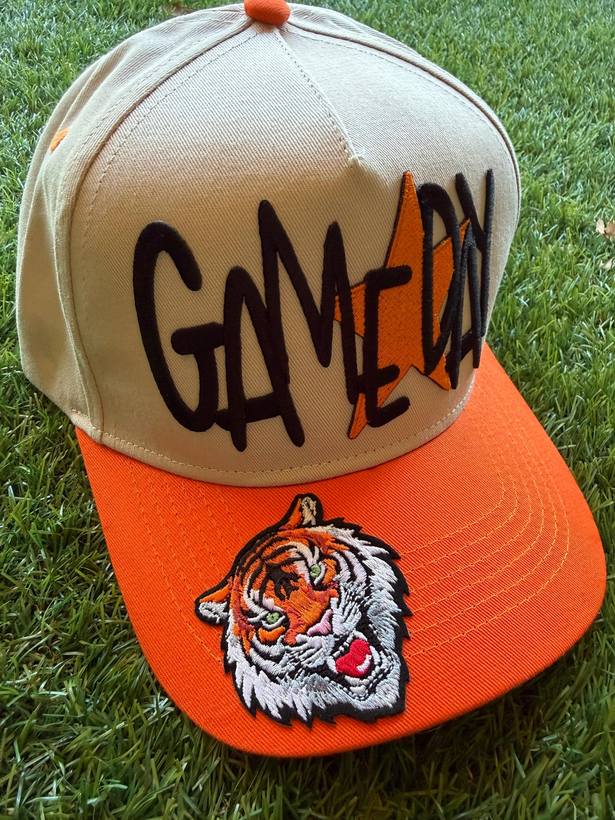 GAMEDAY GO TIGERS embroidered patch on custom canvas trucker hat with a football theme detail on side