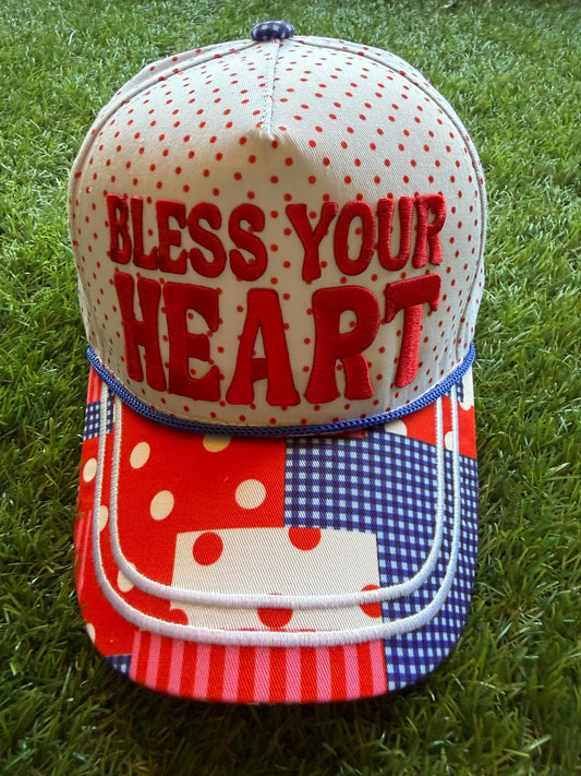 BLESS YOUR HEART on custom canvas trucker hat with polka dots on hat and brim red and blue