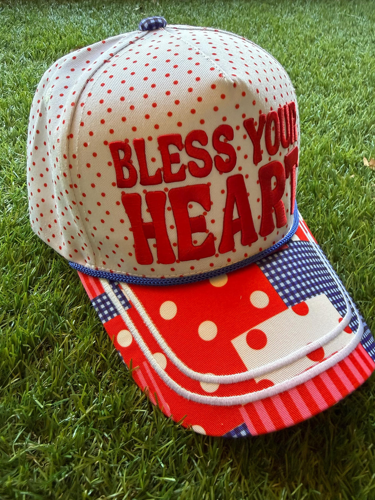 BLESS YOUR HEART on custom canvas trucker hat with polka dots on hat and brim red and blue