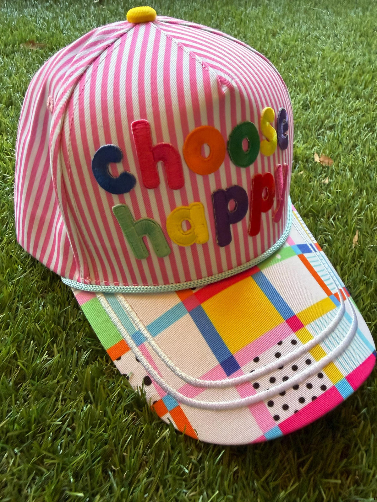 CHOOSE HAPPY embroidered word patch on this custom canvas trucker hat