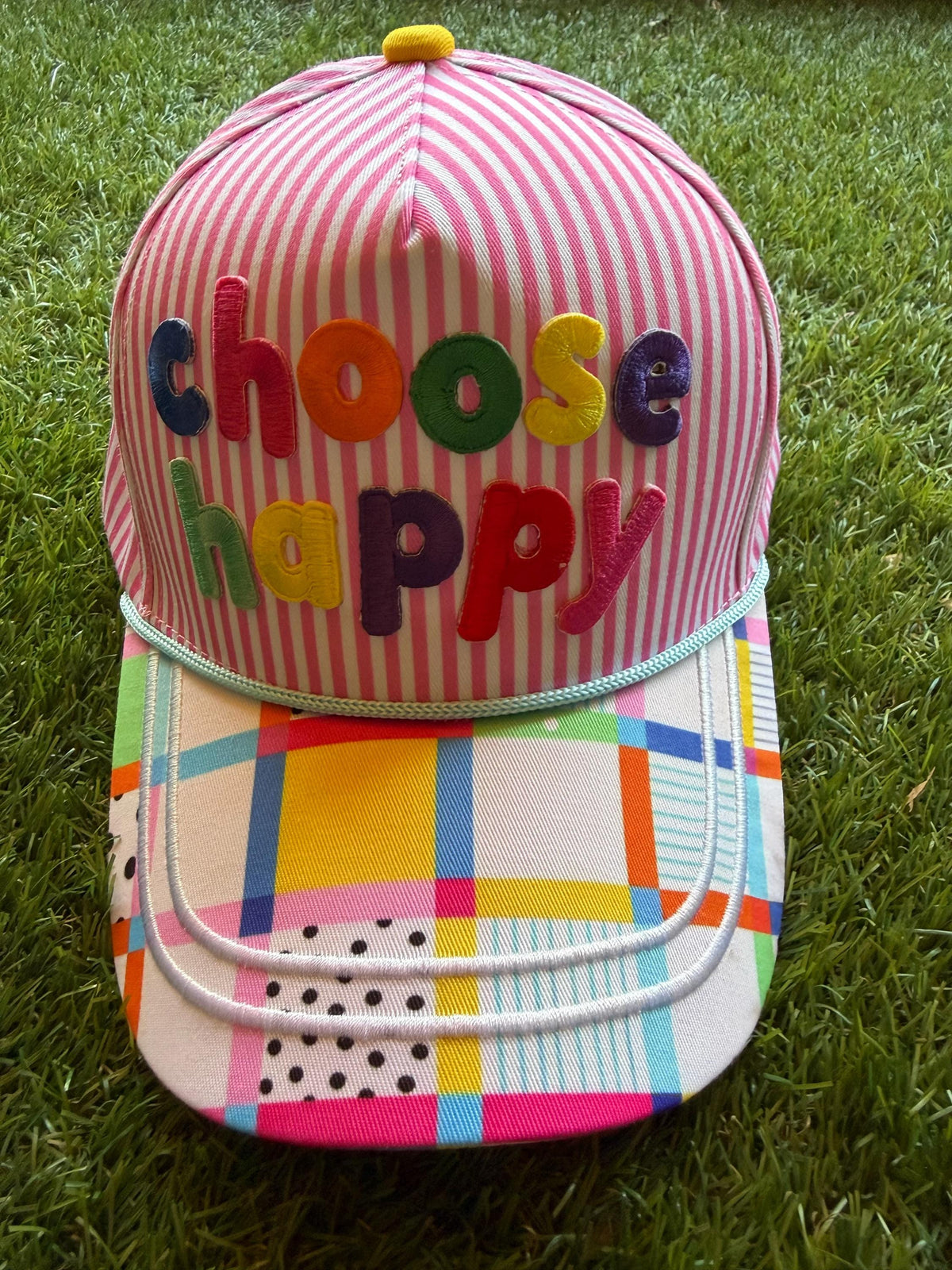CHOOSE HAPPY embroidered word patch on this custom canvas trucker hat