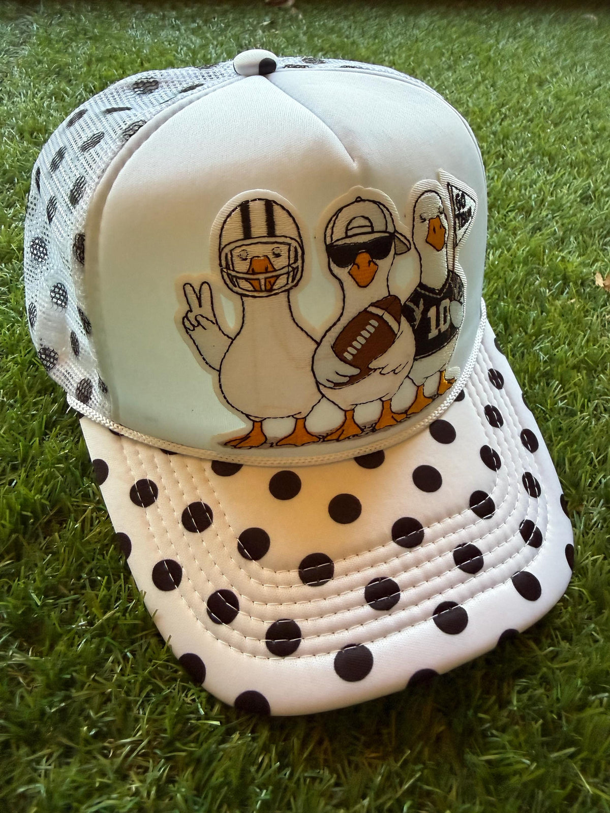 Football Goose Theme on custom mesh trucker with black polka dot