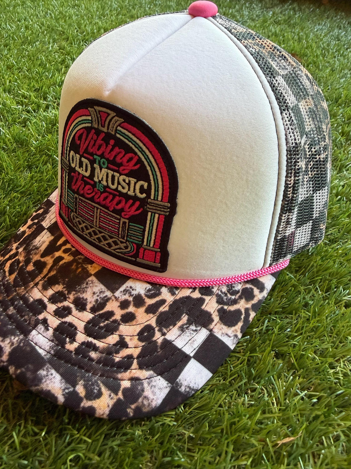 Vibing to Old Music is Therapy embroidered patch on custom mesh trucker hat