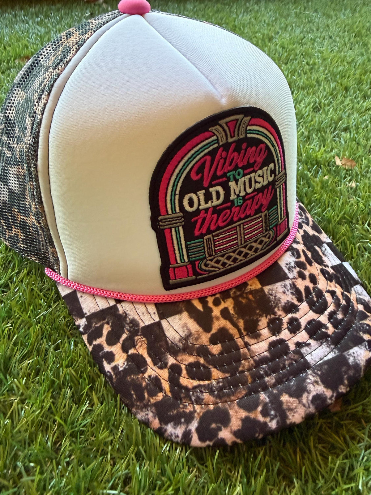 Vibing to Old Music is Therapy embroidered patch on custom mesh trucker hat