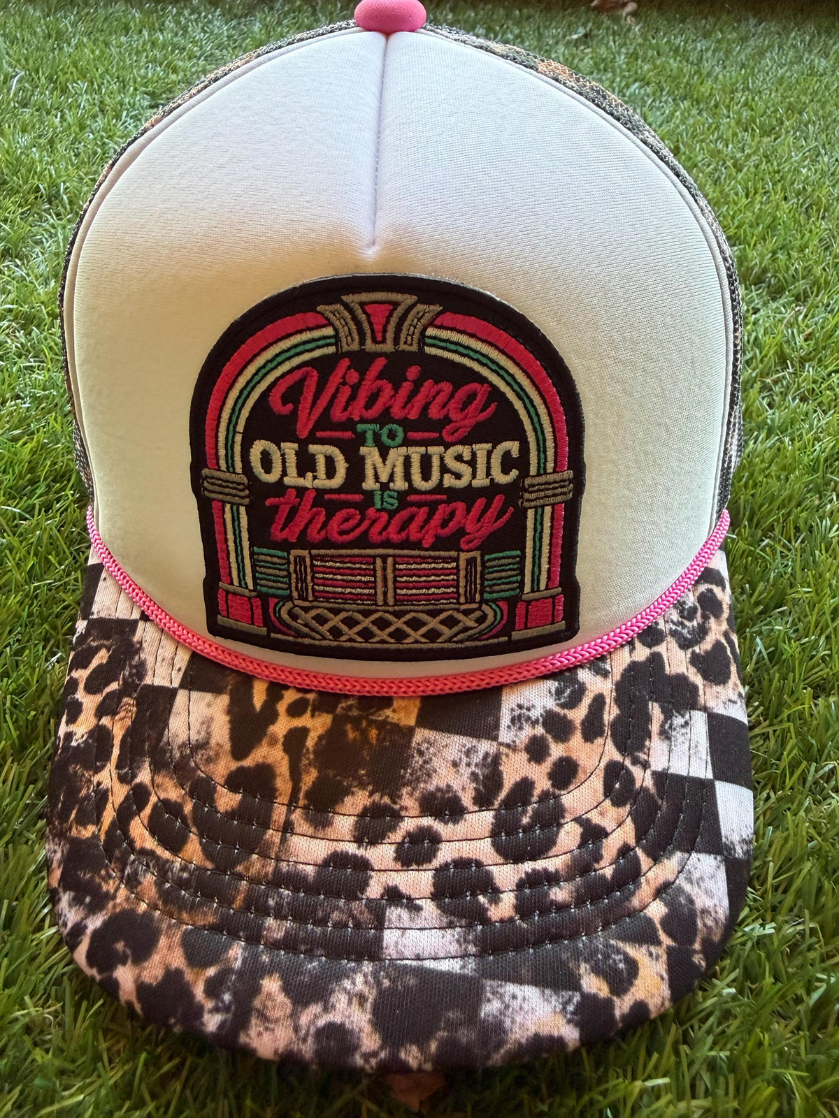 Vibing to Old Music is Therapy embroidered patch on custom mesh trucker hat