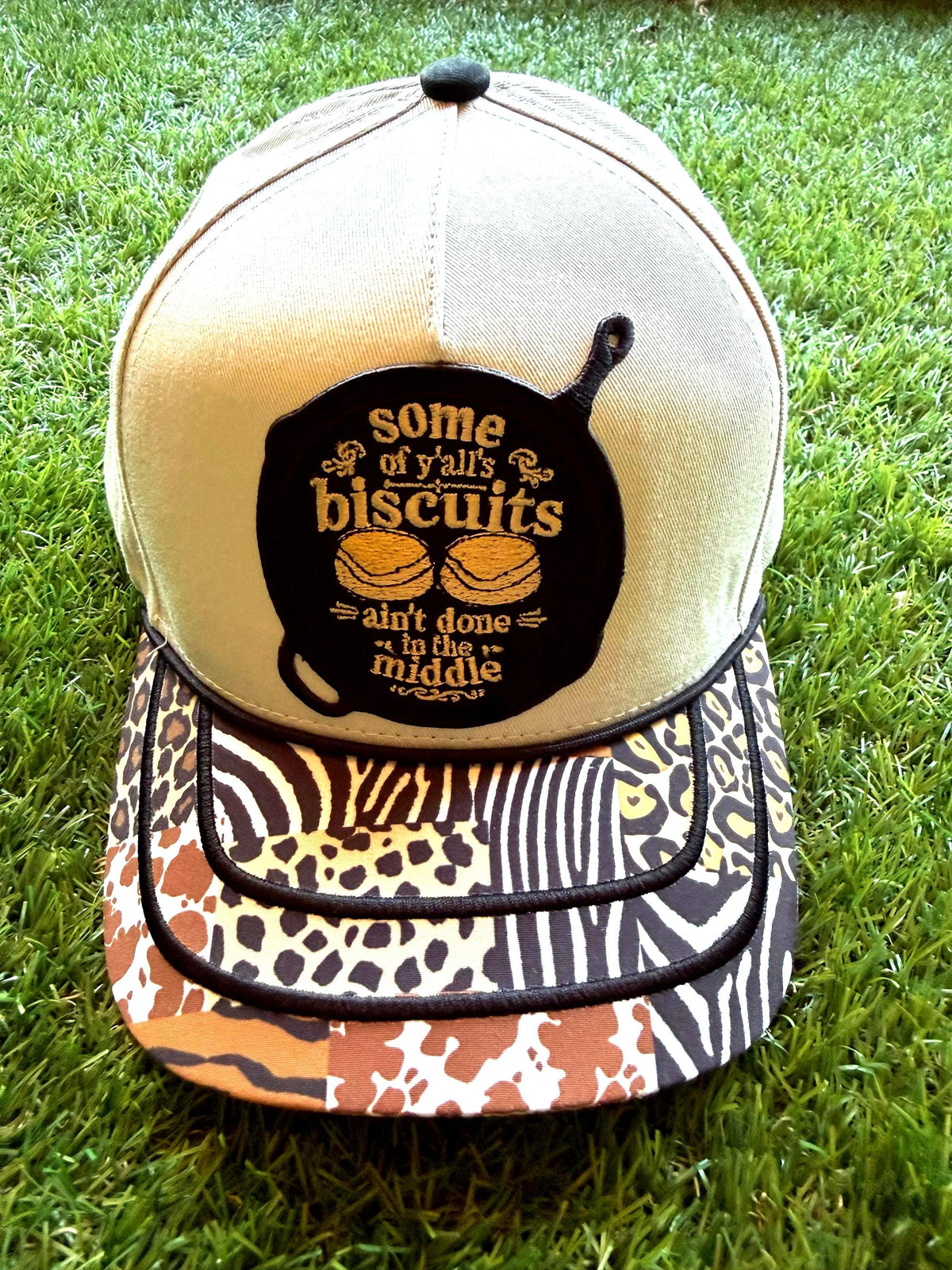 Some of Y'alls Biscuits Ain't Done In the Middle embroidered patch on custom canvas trucker with western theme brim