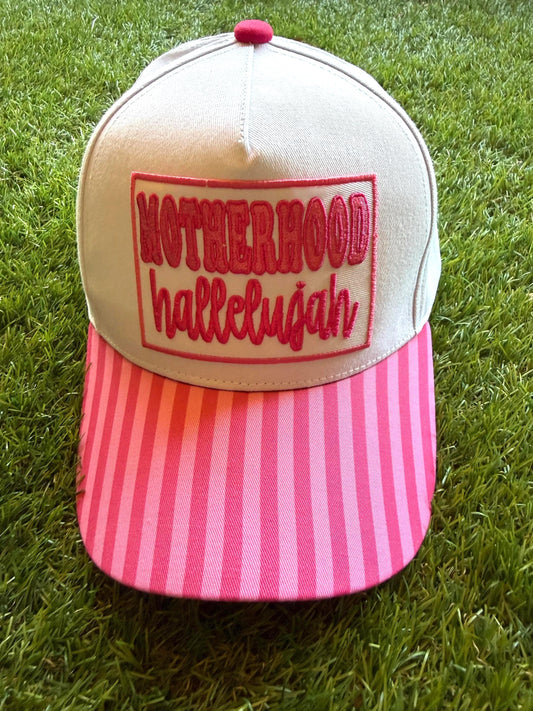 Motherhood Hallelujah embroidered patch on custom canvas trucker hat
