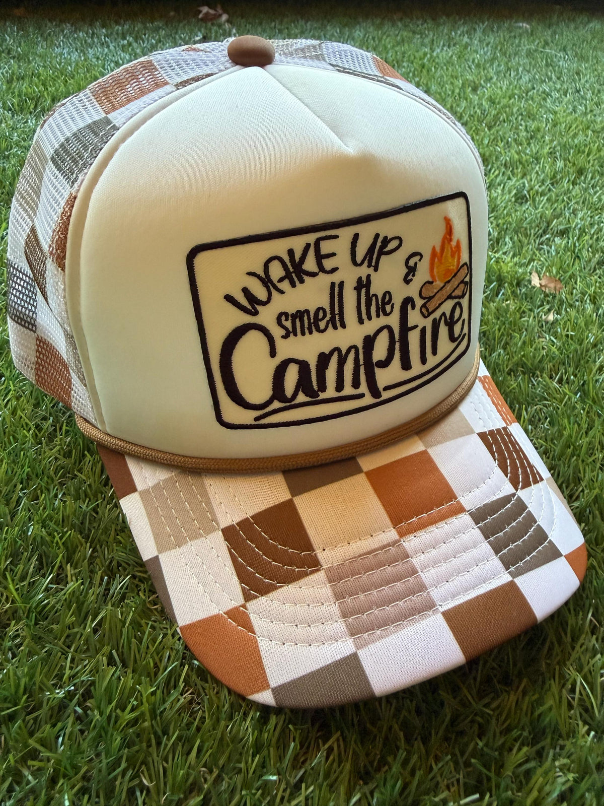 Wake Up Smell The Campfire embroidered patch on custom mesh trucker hat