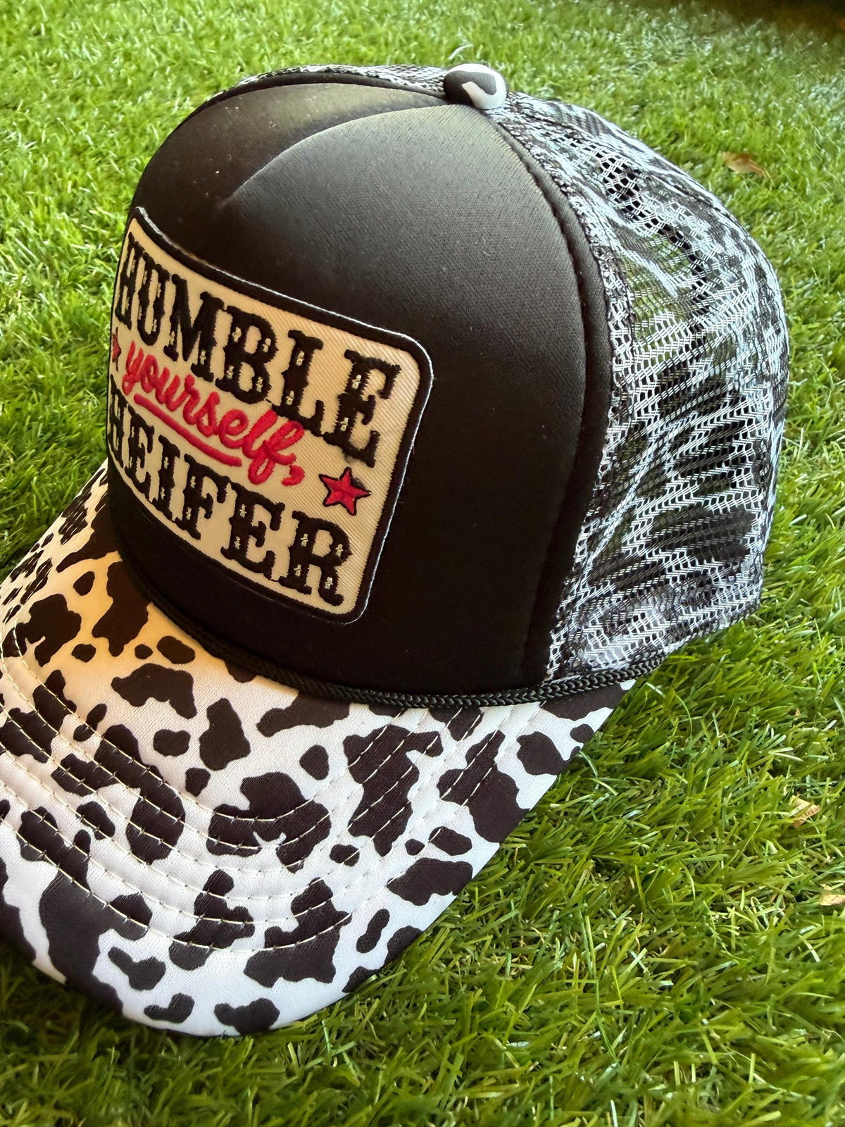 Humble Yourself Heifer embroidered patch on custom mesh trucker hat with cow brim and mesh detailing