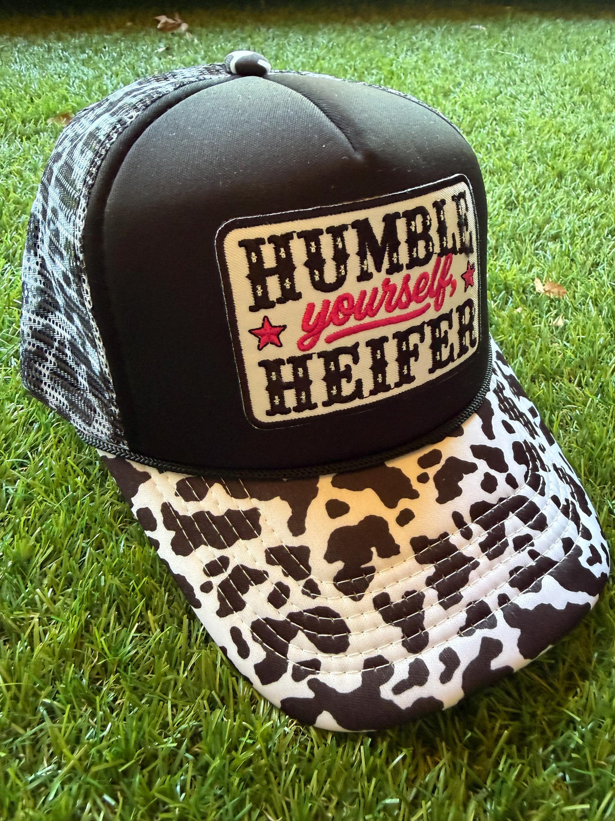 Humble Yourself Heifer embroidered patch on custom mesh trucker hat with cow brim and mesh detailing