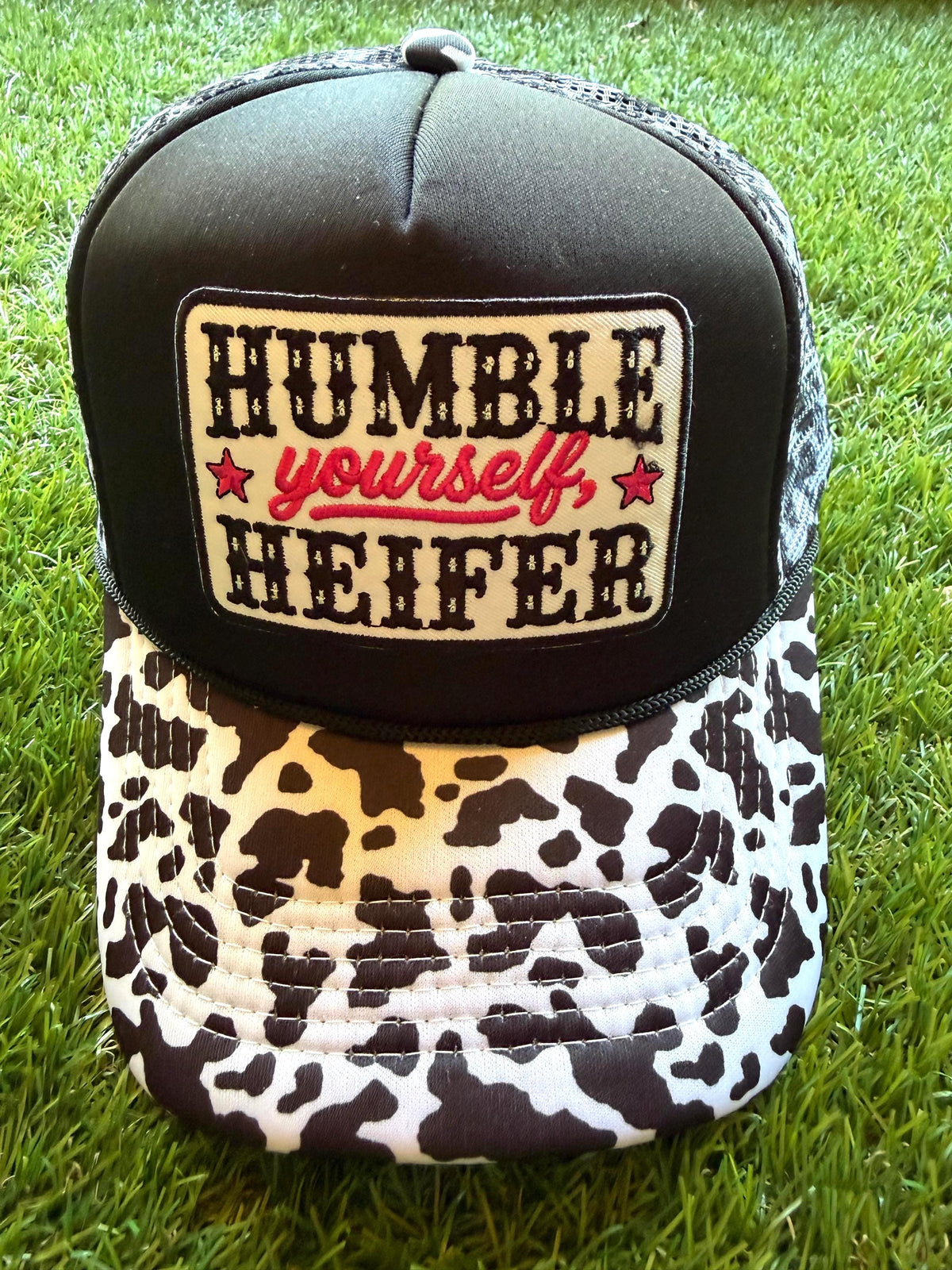 Humble Yourself Heifer embroidered patch on custom mesh trucker hat with cow brim and mesh detailing