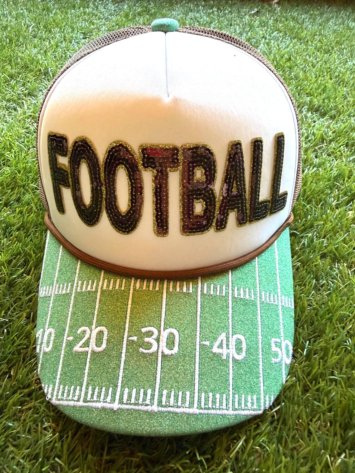 FOOTBALL sequined patch on a custom mesh trucker with glitter brim