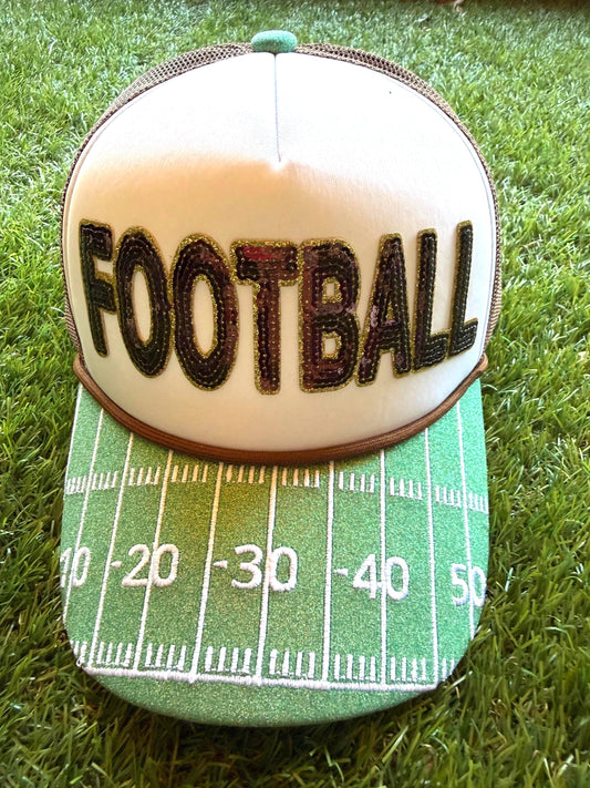 FOOTBALL sequined patch on a custom mesh trucker with glitter brim