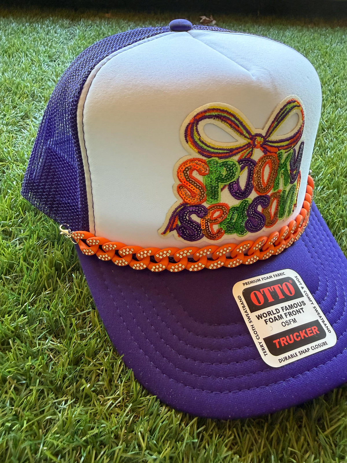 Spooky Season sequined patch on custom mesh trucker hat with hat chain
