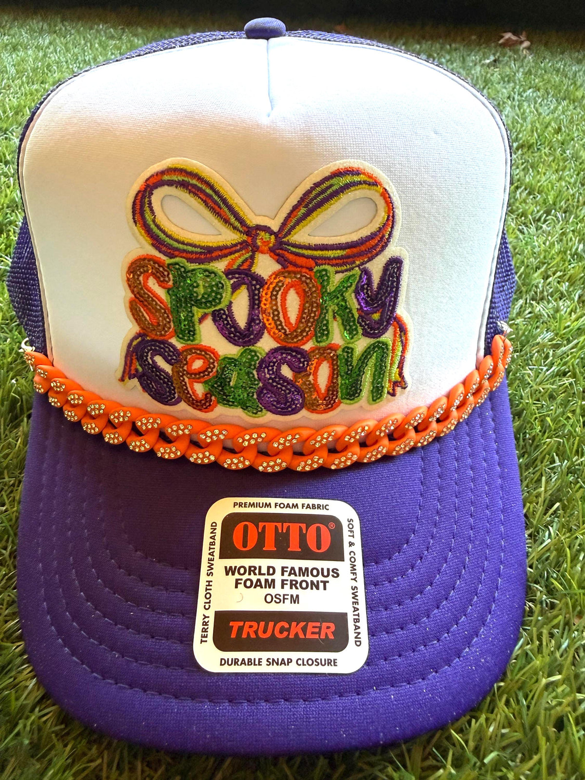 Spooky Season sequined patch on custom mesh trucker hat with hat chain