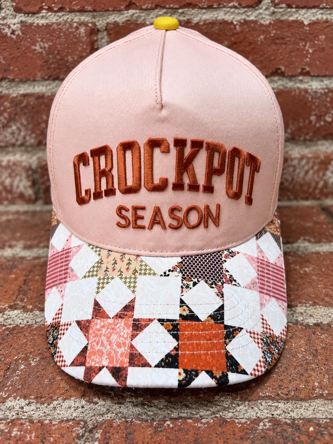 Crockpot Season on custom canvas trucker hat with patchwork design on brim