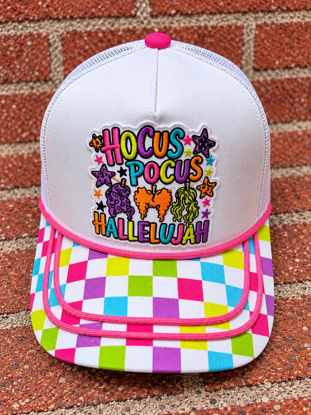 Hocus Pocus Hallelujah on custom canvas front and mesh back trucker hat