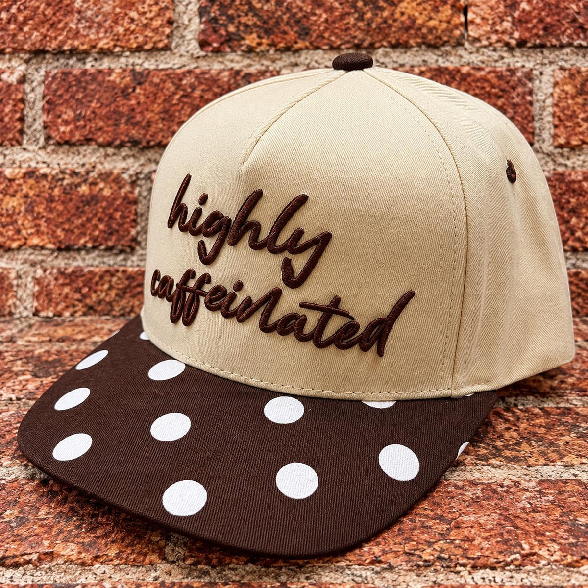 Highly Caffeinated embroidered patch on custom canvas trucker hat