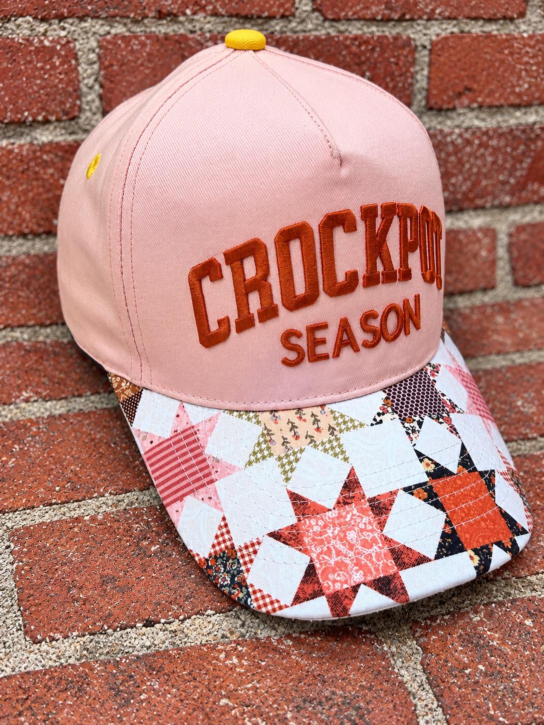 Crockpot Season on custom canvas trucker hat with patchwork design on brim