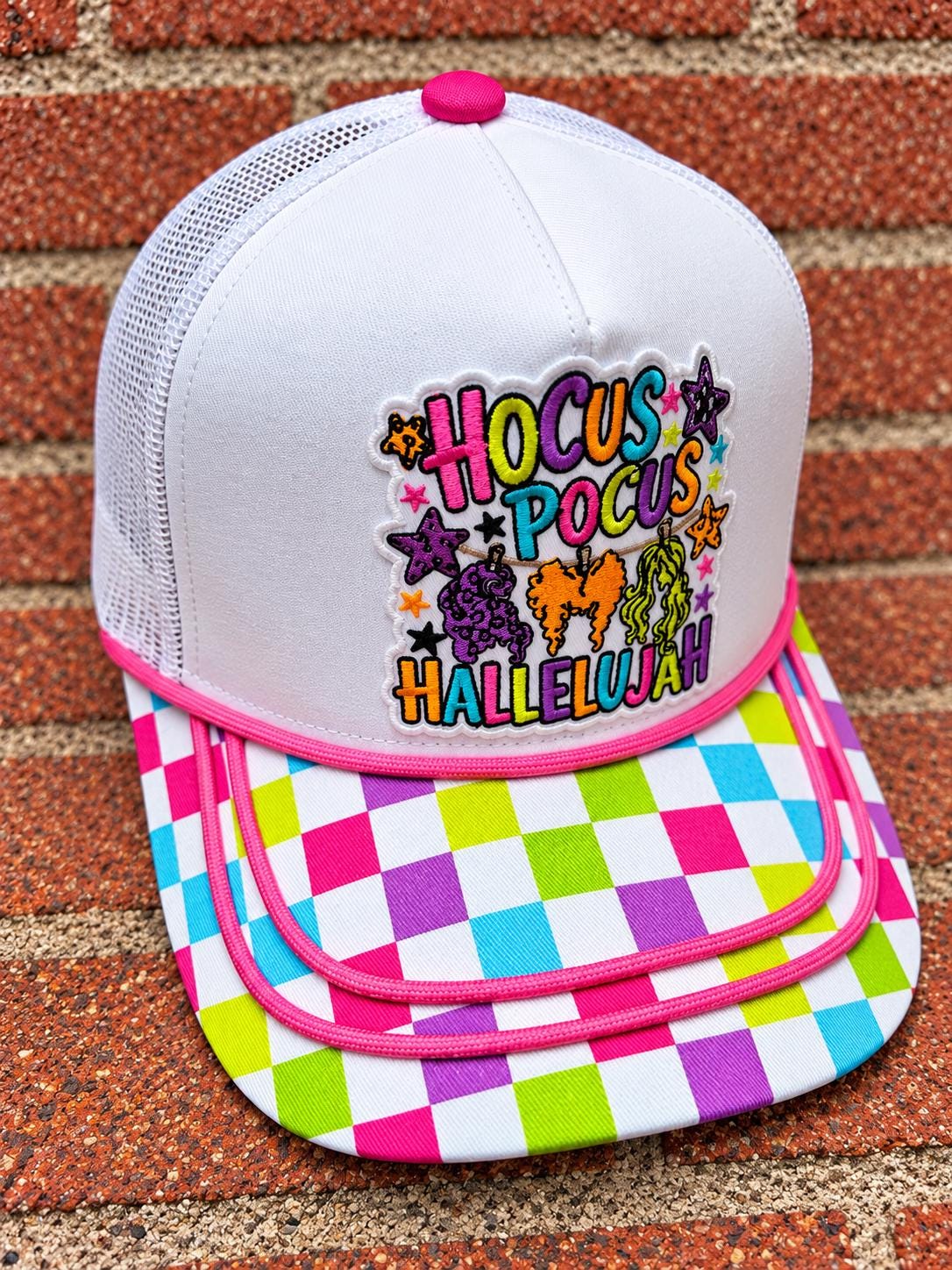 Hocus Pocus Hallelujah on custom canvas front and mesh back trucker hat