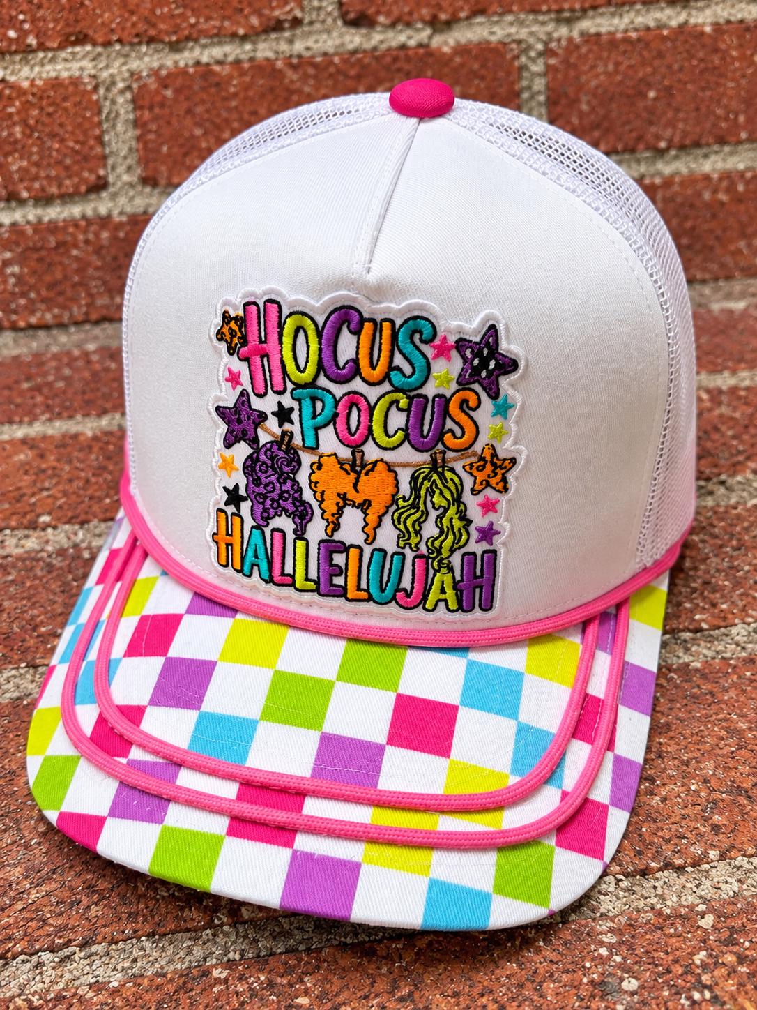 Hocus Pocus Hallelujah on custom canvas front and mesh back trucker hat