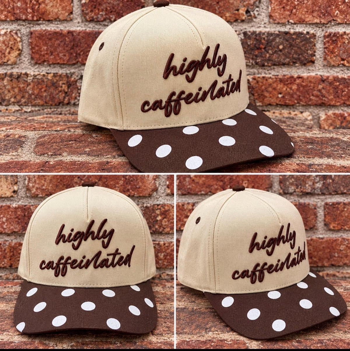Highly Caffeinated embroidered patch on custom canvas trucker hat