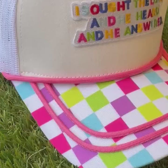 Embroidered Patch Hat: "I Sought the Lord" Neon Trucker Cap
