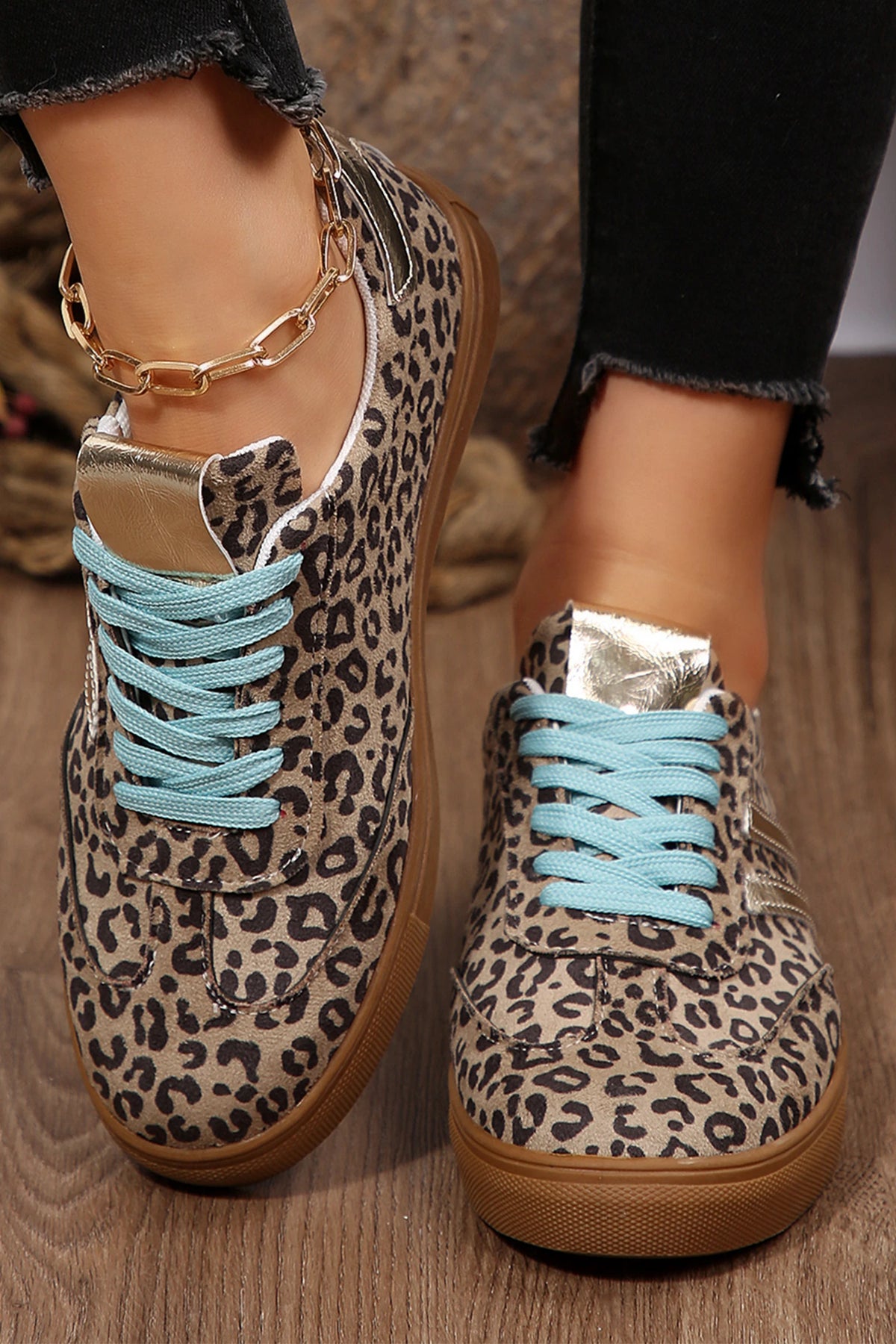 Teal & Coffee Faux Suede Leopard Print Sleek PU Leather Detail Lace Up Sneakers