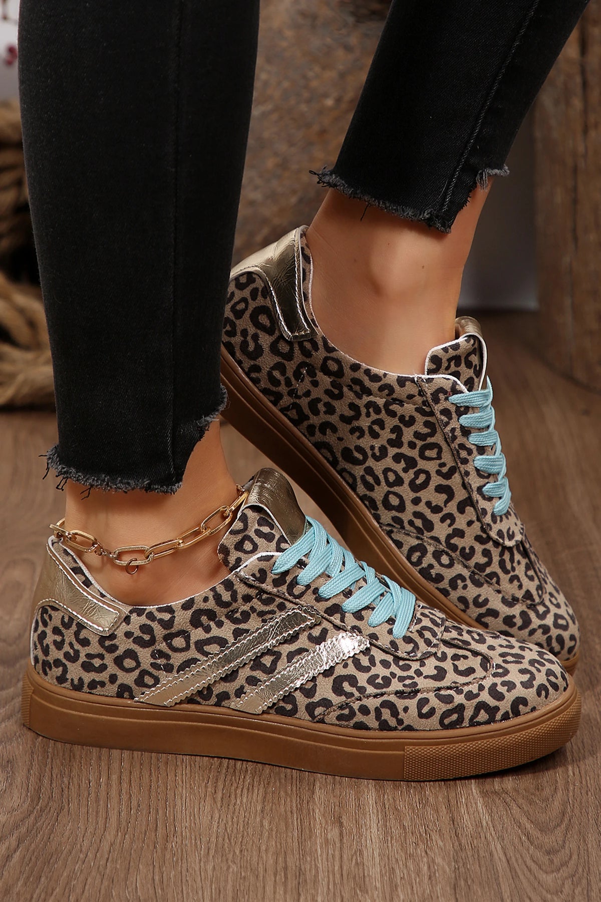 Teal & Coffee Faux Suede Leopard Print Sleek PU Leather Detail Lace Up Sneakers