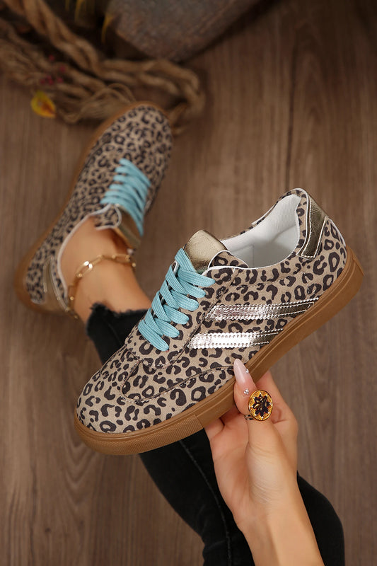 Teal & Coffee Faux Suede Leopard Print Sleek PU Leather Detail Lace Up Sneakers